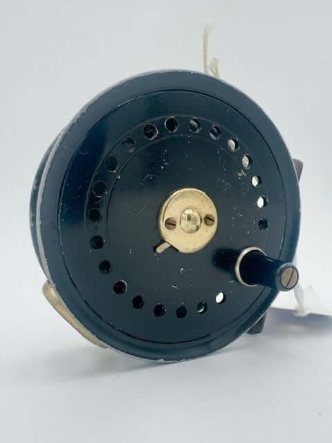 Vintage J.W. Young-Sons 3.5 fishing reel with a classic black finish, perfect for collectors and anglers.