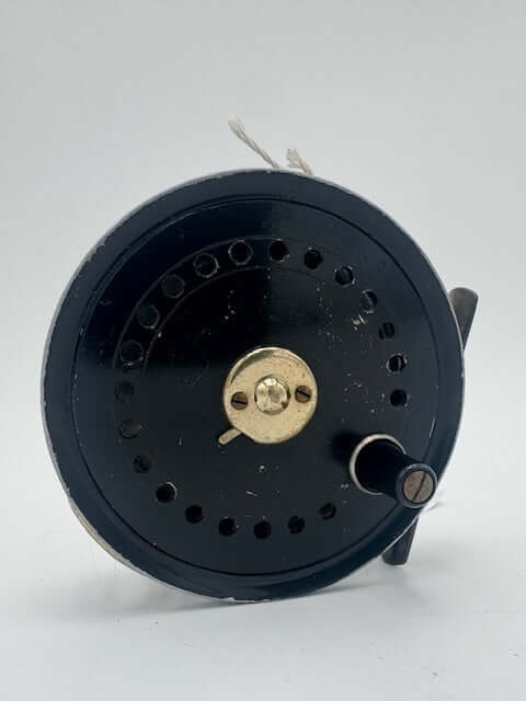 J.W. Young-Sons vintage fishing reel from circa 1930 with black finish, ideal for collectors and fishing enthusiasts.