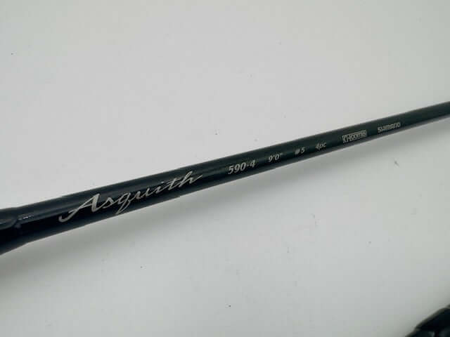 G.Loomis Asquith fly rod close-up showing model details, showcasing Shimano's Spiral X technology and quality craftsmanship.