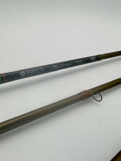 Hardy Marksman 10' 4wt fishing rod featuring a sleek olive green finish for precision and durability.