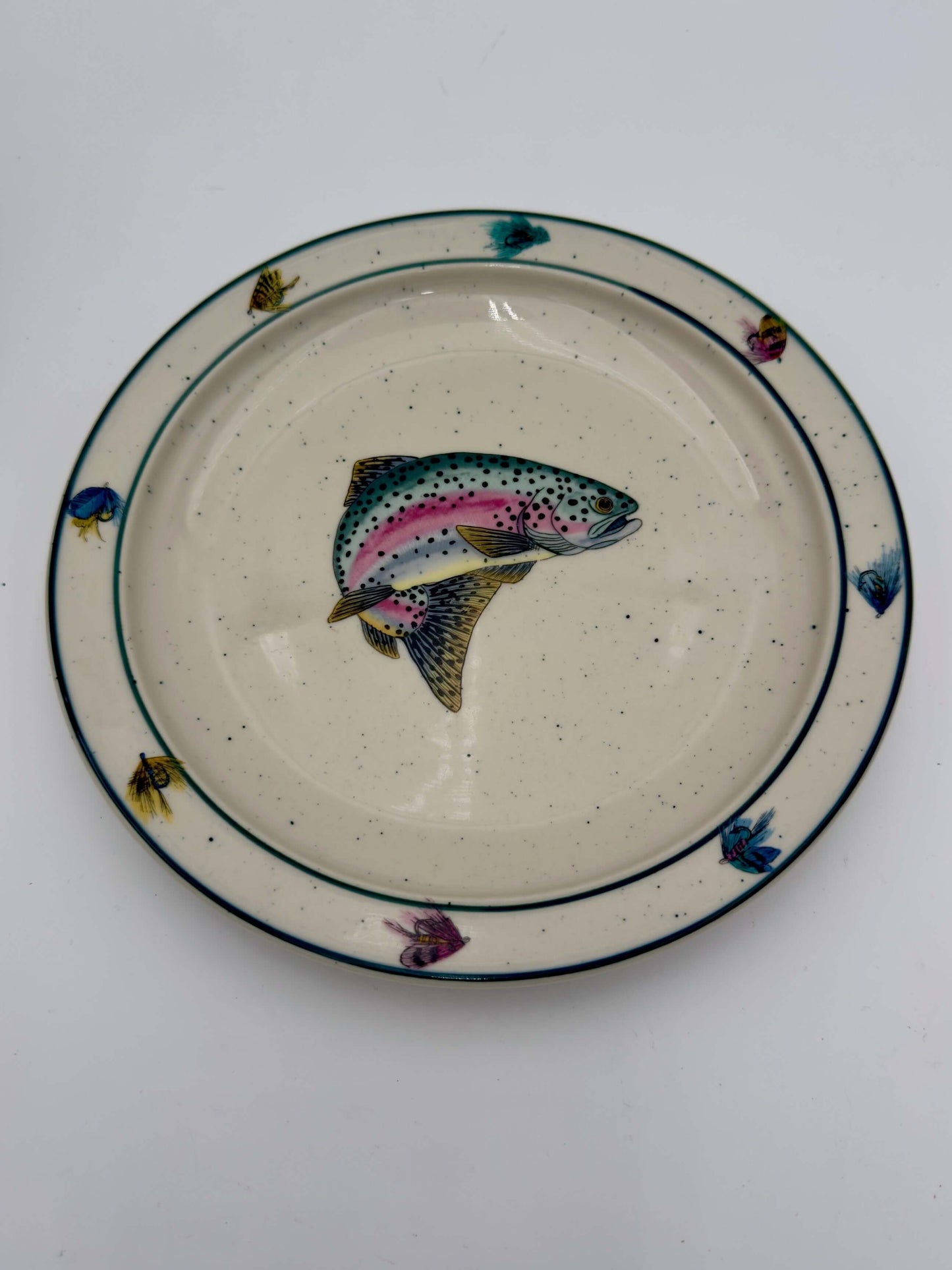 Lenox vintage trout plate featuring colorful fishing flies, perfect for a rustic table setting.
