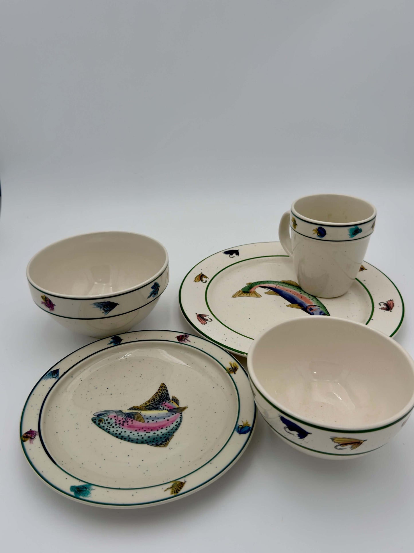 Lenox Fishing Plate Set, 7 Piece vintage trout and fly china dishware with rustic fishing motifs.