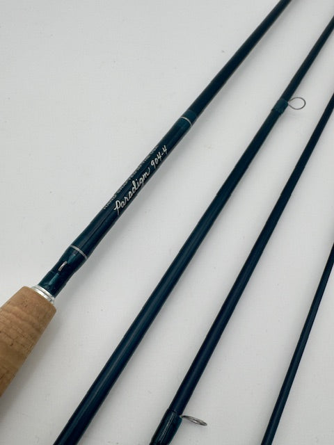 Close-up of Thomas and Thomas Paradigm 9' 4wt fly rod, showcasing high-quality craftsmanship and detail.