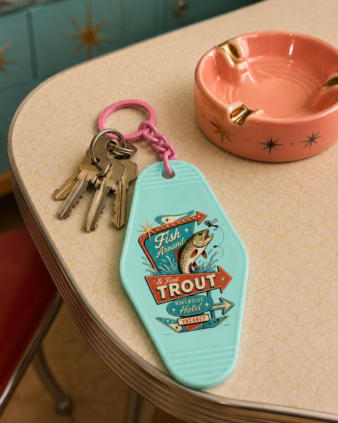 Fish Around & Find Trout Motel Keychain