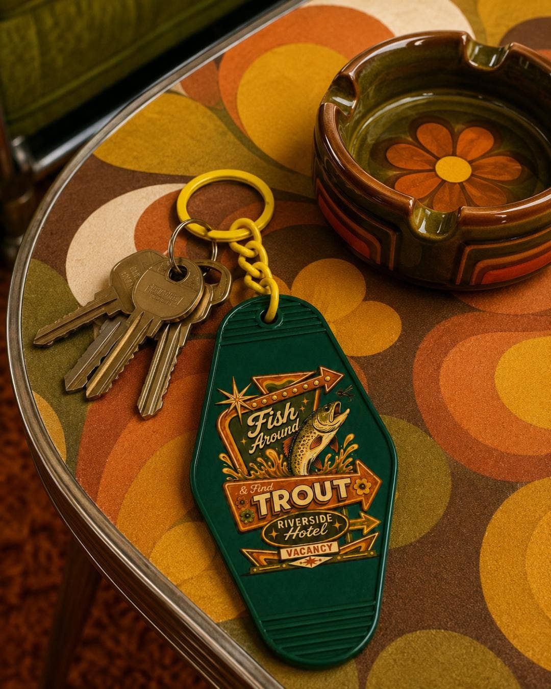 Fish Around & Find Trout Motel Keychain