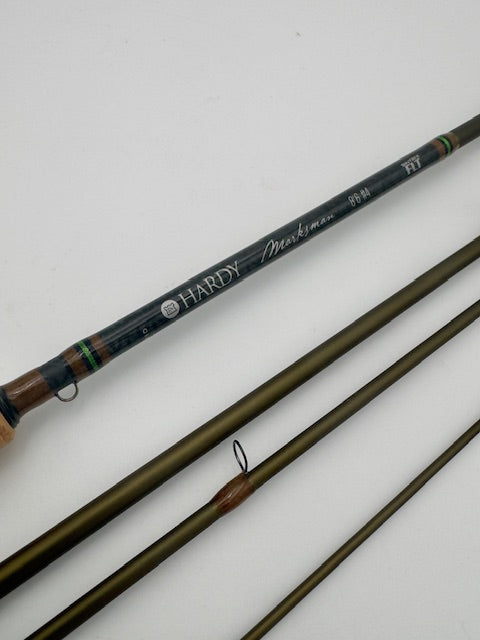 Hardy Marksman 8'6" 4wt fishing rod without tube or sock, crafted from lightweight carbon fiber.