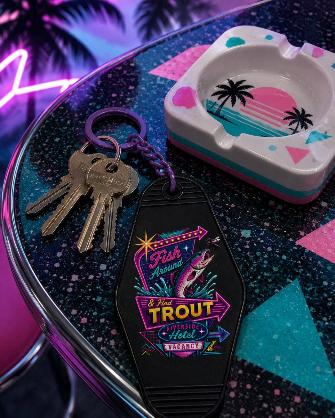 Fish Around & Find Trout Motel Keychain